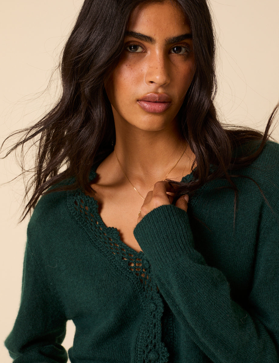 Green Crochet Trim V-Neck Cardigan