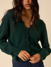 Green Crochet Trim V-Neck Cardigan