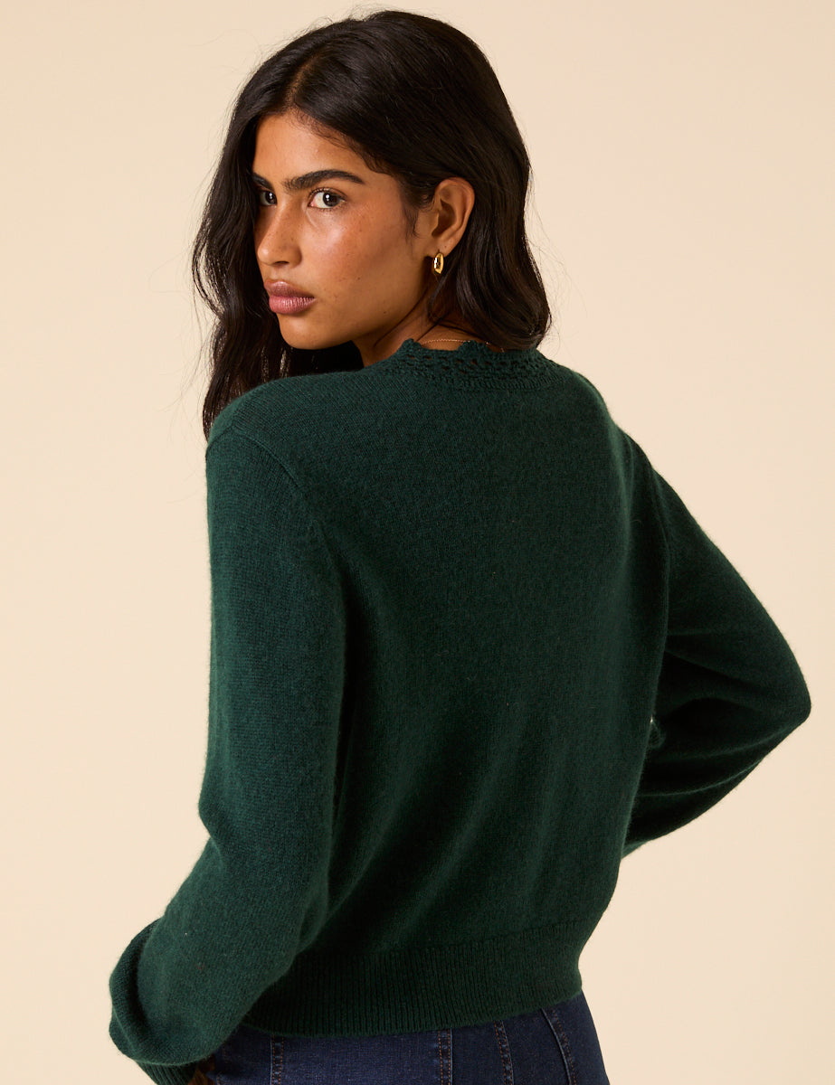 Dark Green Wool Blend Crochet Trim Elodie Cardigan