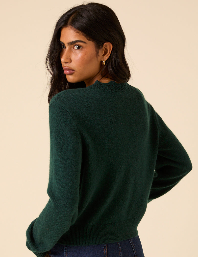 Dark Green Wool Blend Crochet Trim Elodie Cardigan