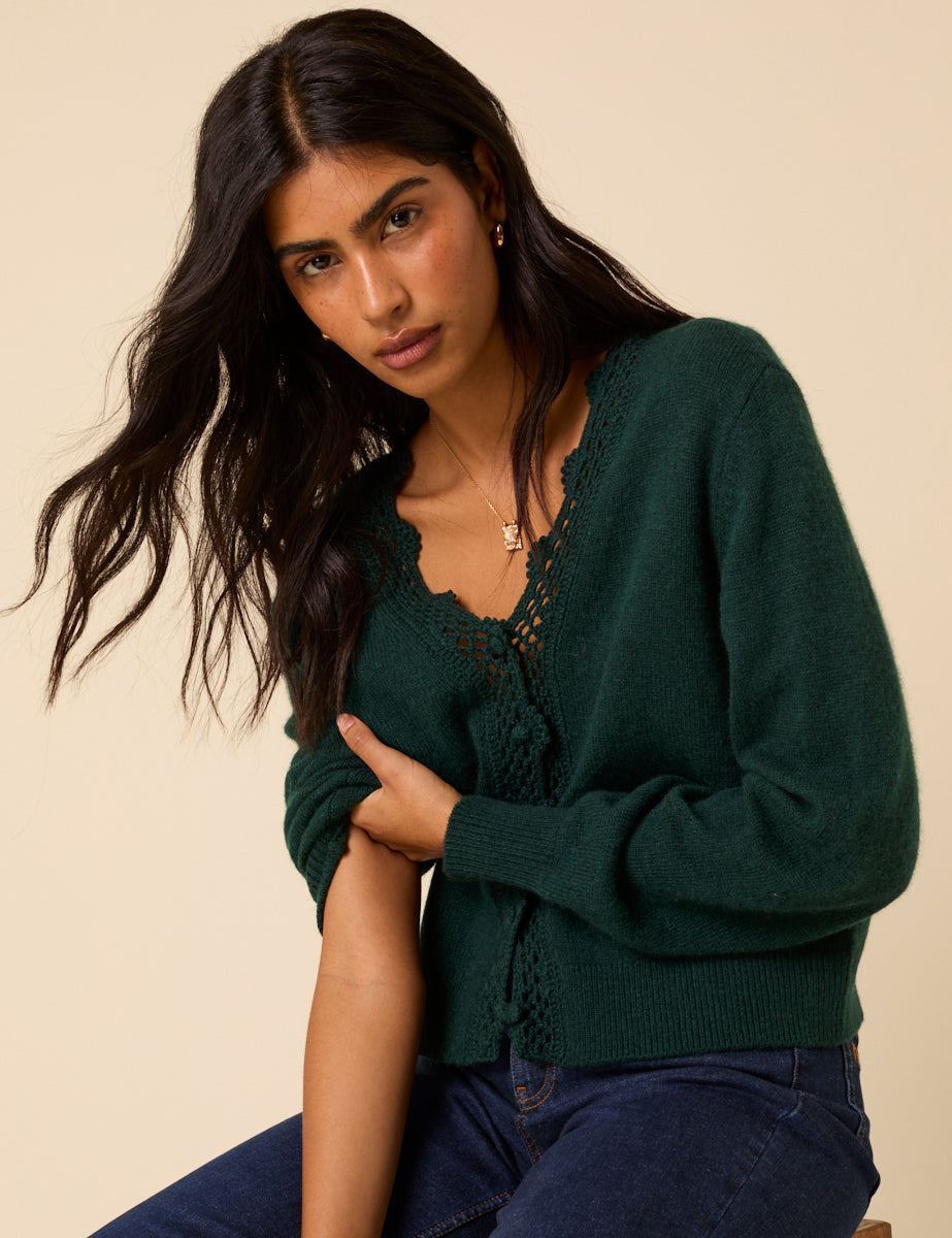 Dark Green Wool Blend Crochet Trim Elodie Cardigan