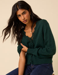 Green Crochet Trim V-Neck Cardigan