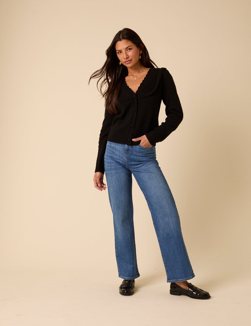 Black Wool Blend Pointelle Knitted Cardigan