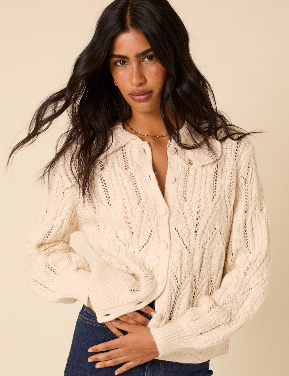 White Pointelle Collared Knitted Cardigan