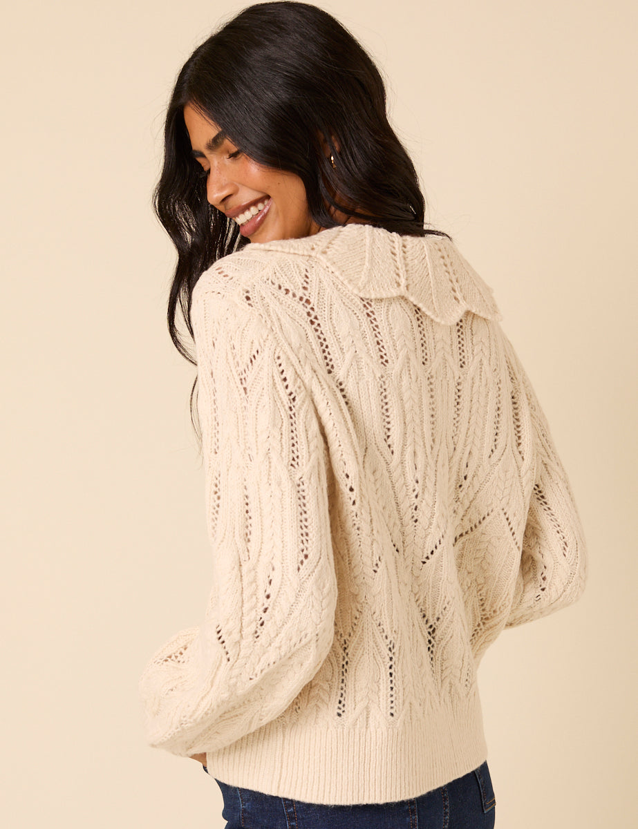 White Pointelle Collared Knitted Cardigan - Main Image