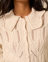 White Pointelle Collared Knitted Cardigan