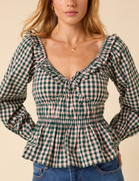 Green Gingham Shirred Top