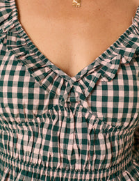 Green Gingham Shirred Top