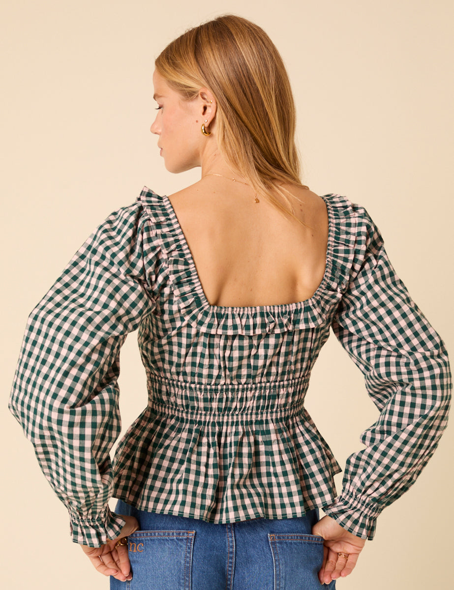 Green Gingham Shirred Top