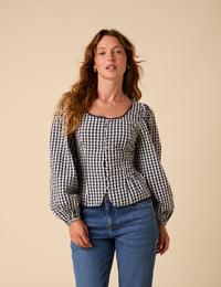 Navy Gingham Scoop Neck Blouse