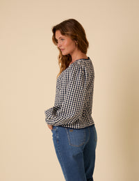 Navy Gingham Scoop Neck Blouse