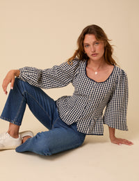 Navy Gingham Scoop Neck Blouse