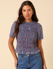 Blue and Red Gingham Shirred Top