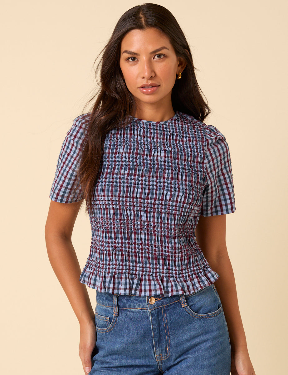 Blue and Red Gingham Shirred Top