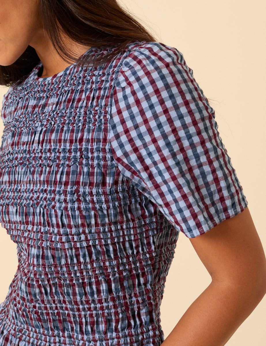 Blue and Red Gingham Shirred Top