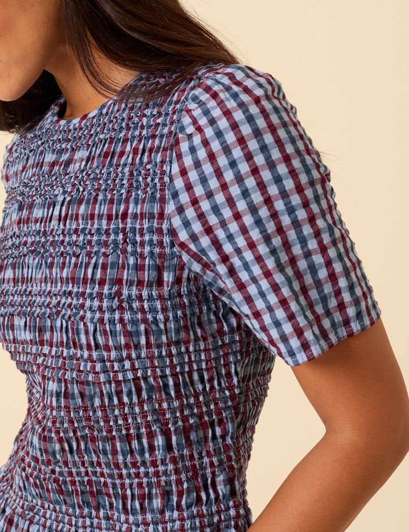Blue and Red Gingham Shirred Top
