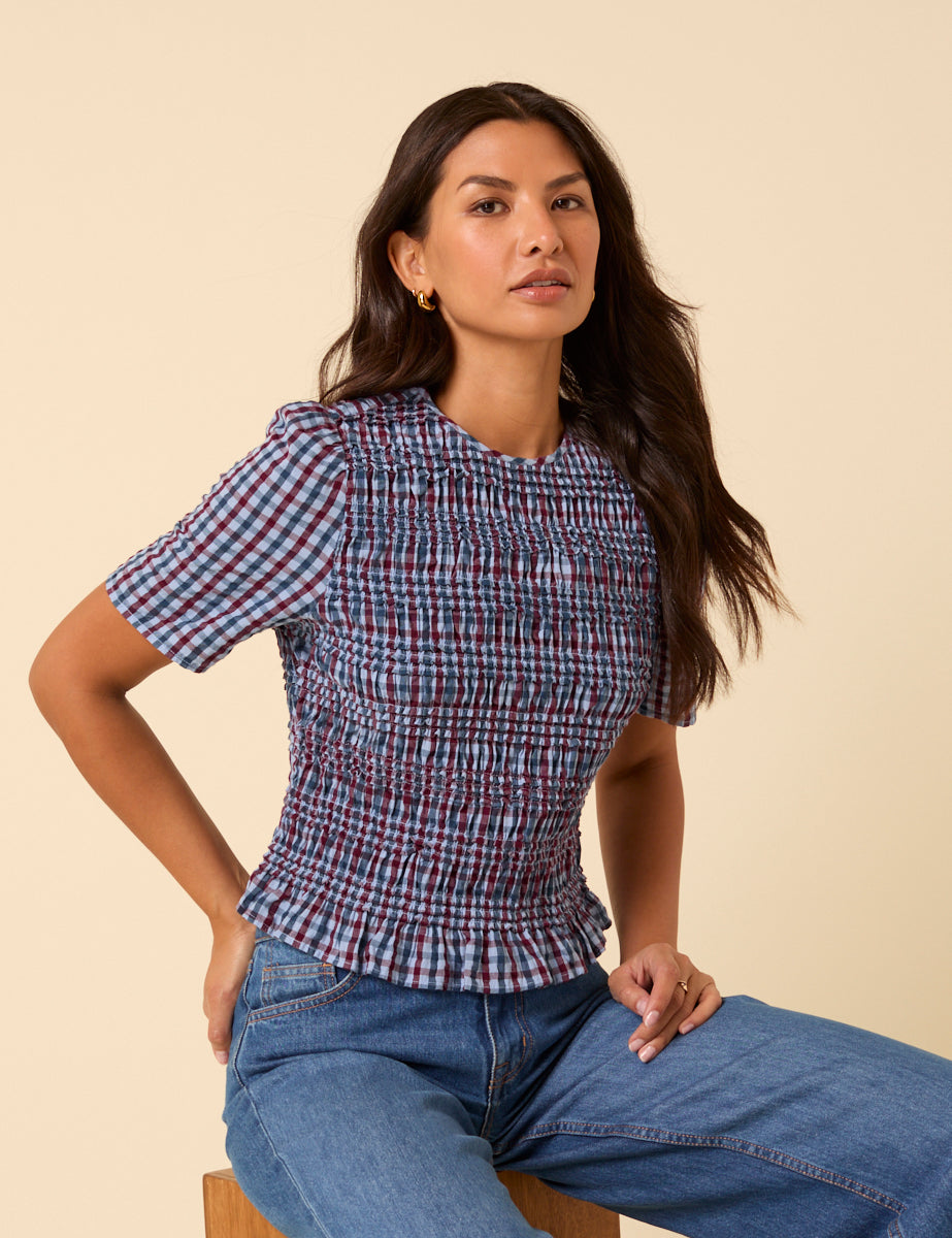 Blue and Red Gingham Shirred Top