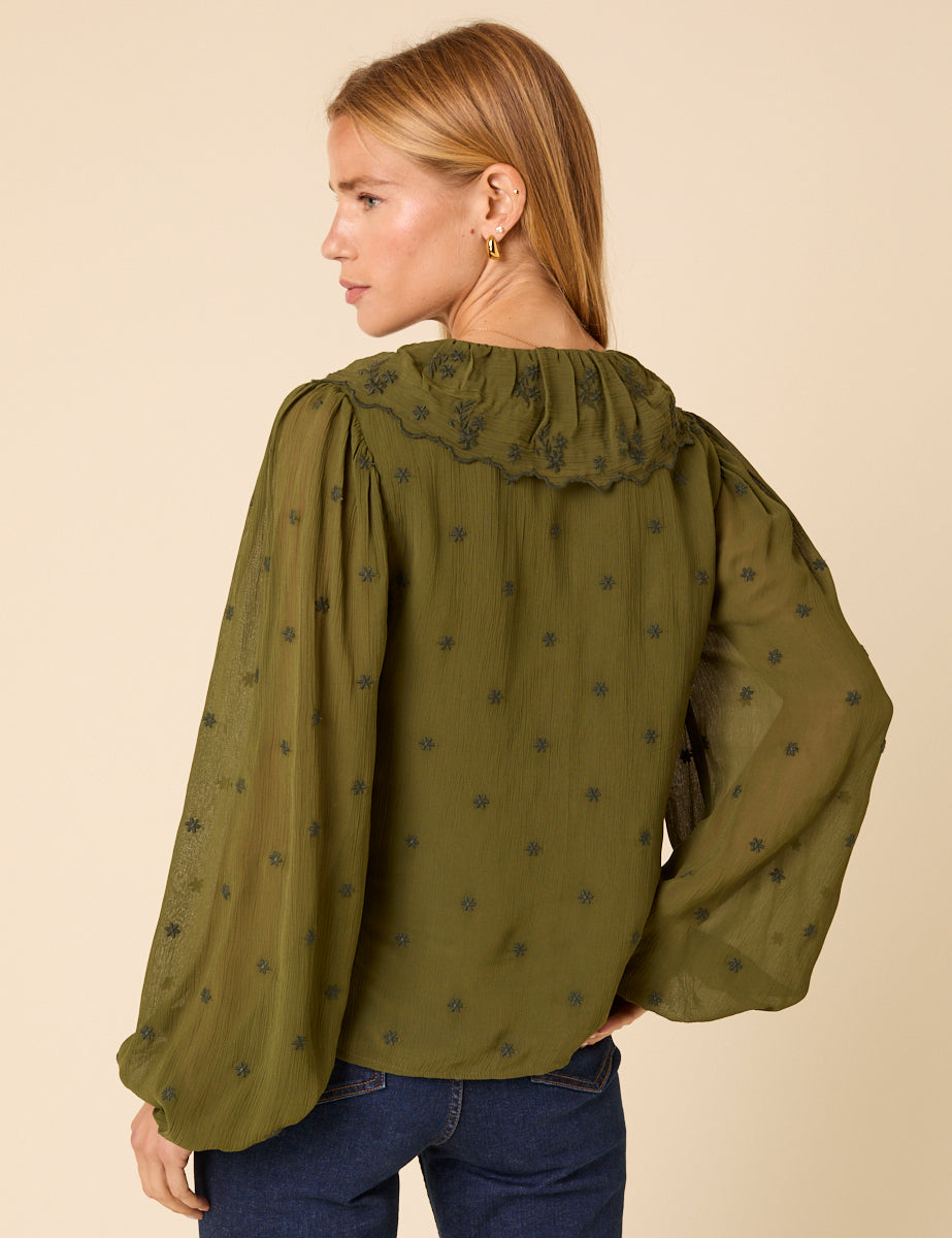 Green Embroidered Ruffle Collar Long Sleeve Blouse