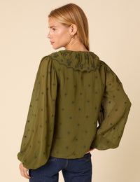 Green Embroidered Ruffle Collar Long Sleeve Blouse