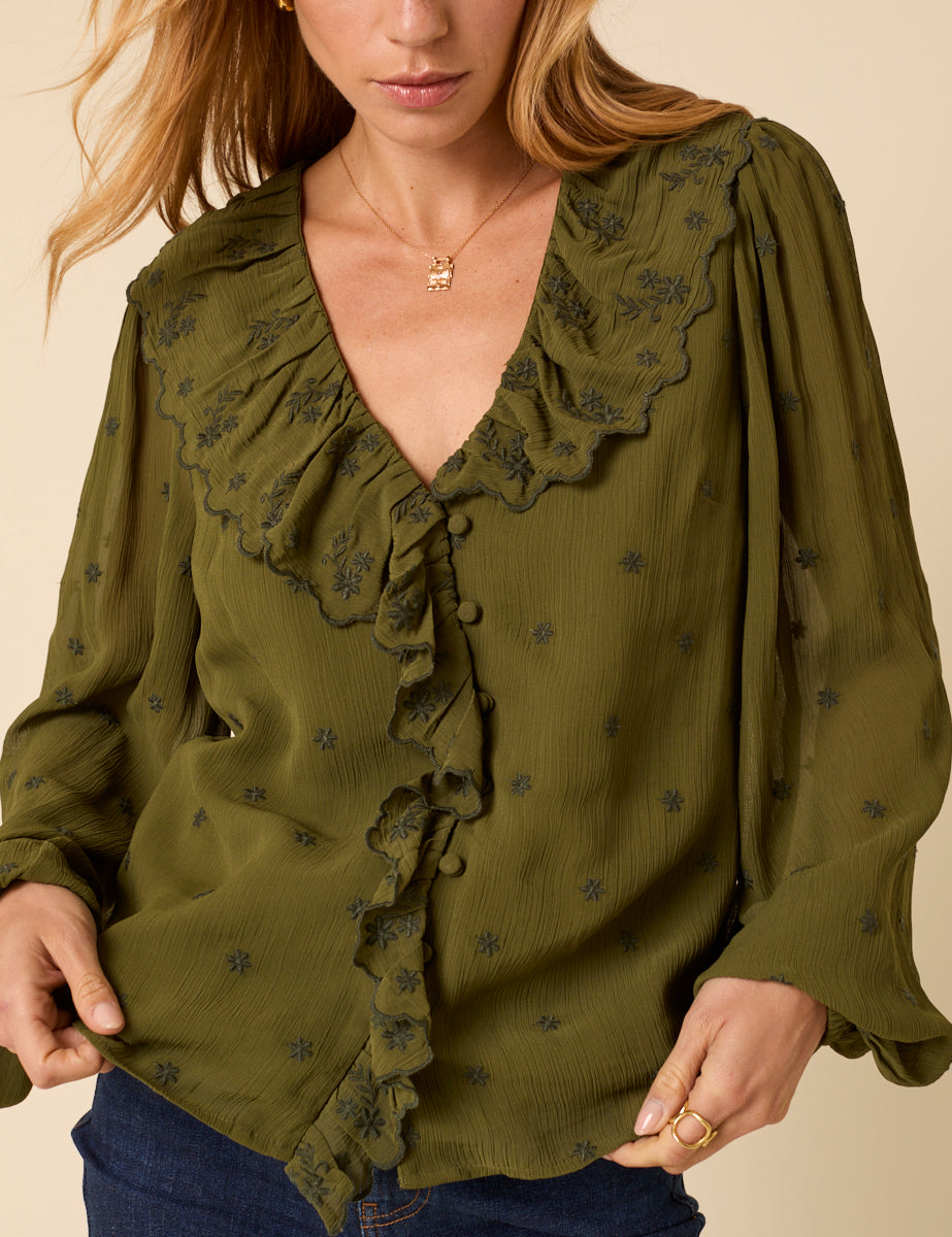 Green Embroidered Ruffle Collar Long Sleeve Blouse