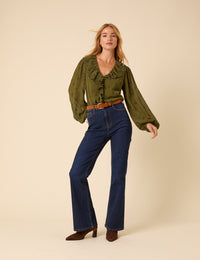 Green Embroidered Ruffle Collar Long Sleeve Blouse