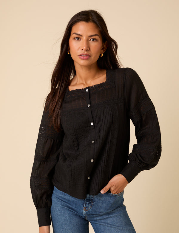Black Long Sleeve Lace Trim Blouse