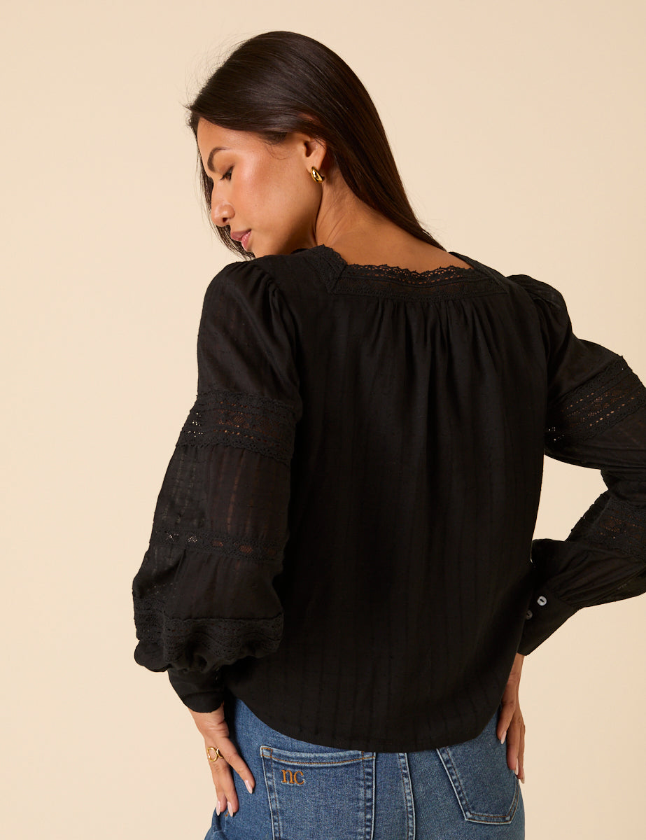 Black Long Sleeve Lace Trim Blouse