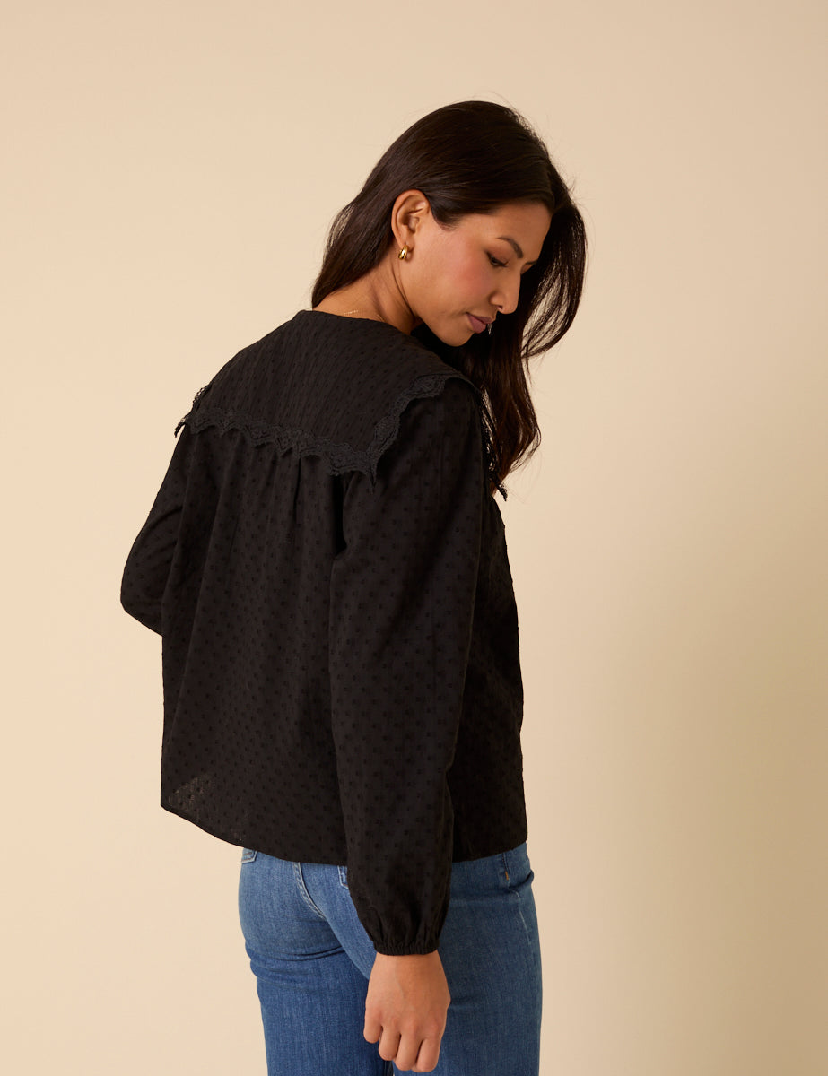 Black Embroidered Peter Pan Collar Blouse