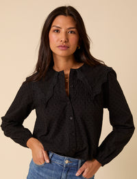 Black Embroidered Peter Pan Collar Blouse - Main Image