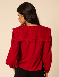 Red Cord Oversized Ruffle Collar Blouse