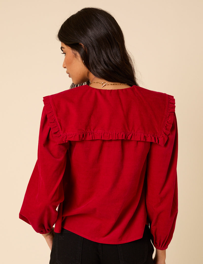 Red Cord Oversized Ruffle Collar Blouse