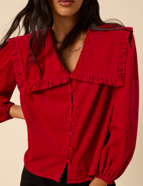 Red Cord Oversized Ruffle Collar Blouse
