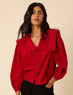 Red Cord Oversized Ruffle Collar Blouse