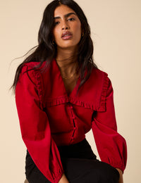 Red Cord Oversized Ruffle Collar Blouse