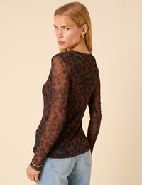 Brown Leopard Print Mesh Top