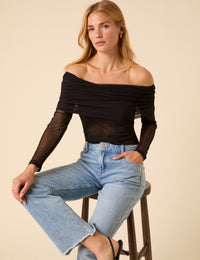 Black Off Shoulder Mesh Top