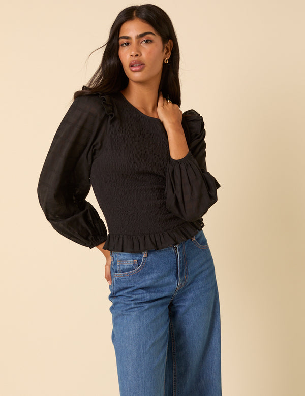 Black Balloon Sleeve Frill Top