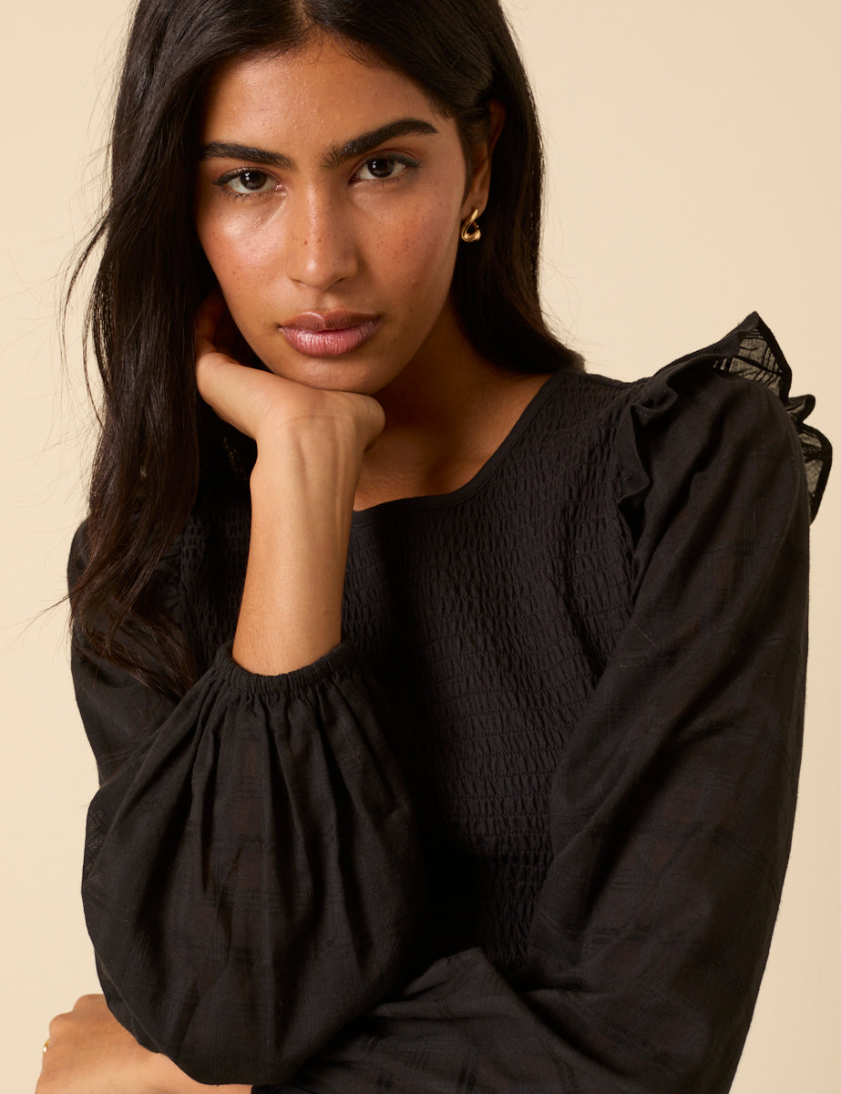 Black Balloon Sleeve Frill Top