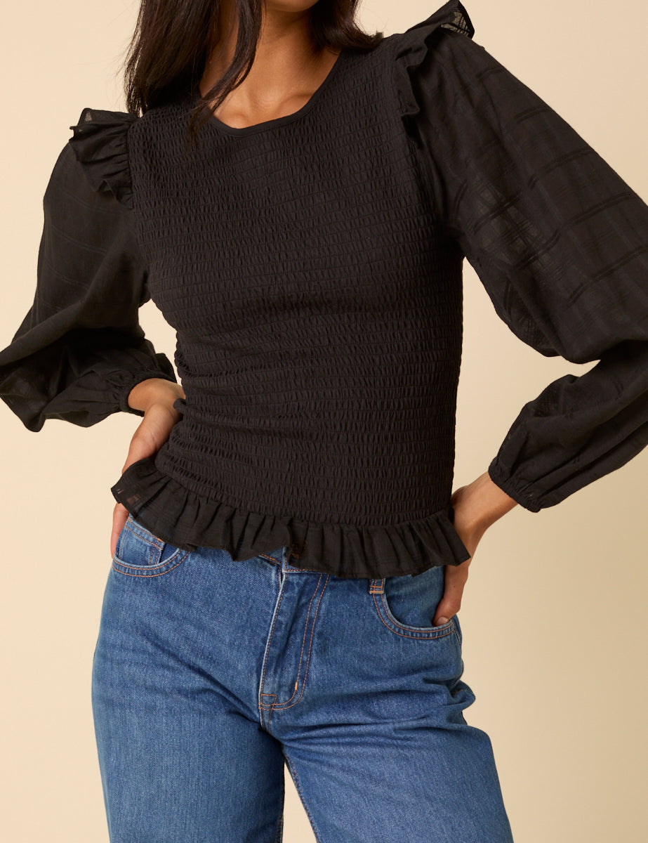 Black Balloon Sleeve Frill Top