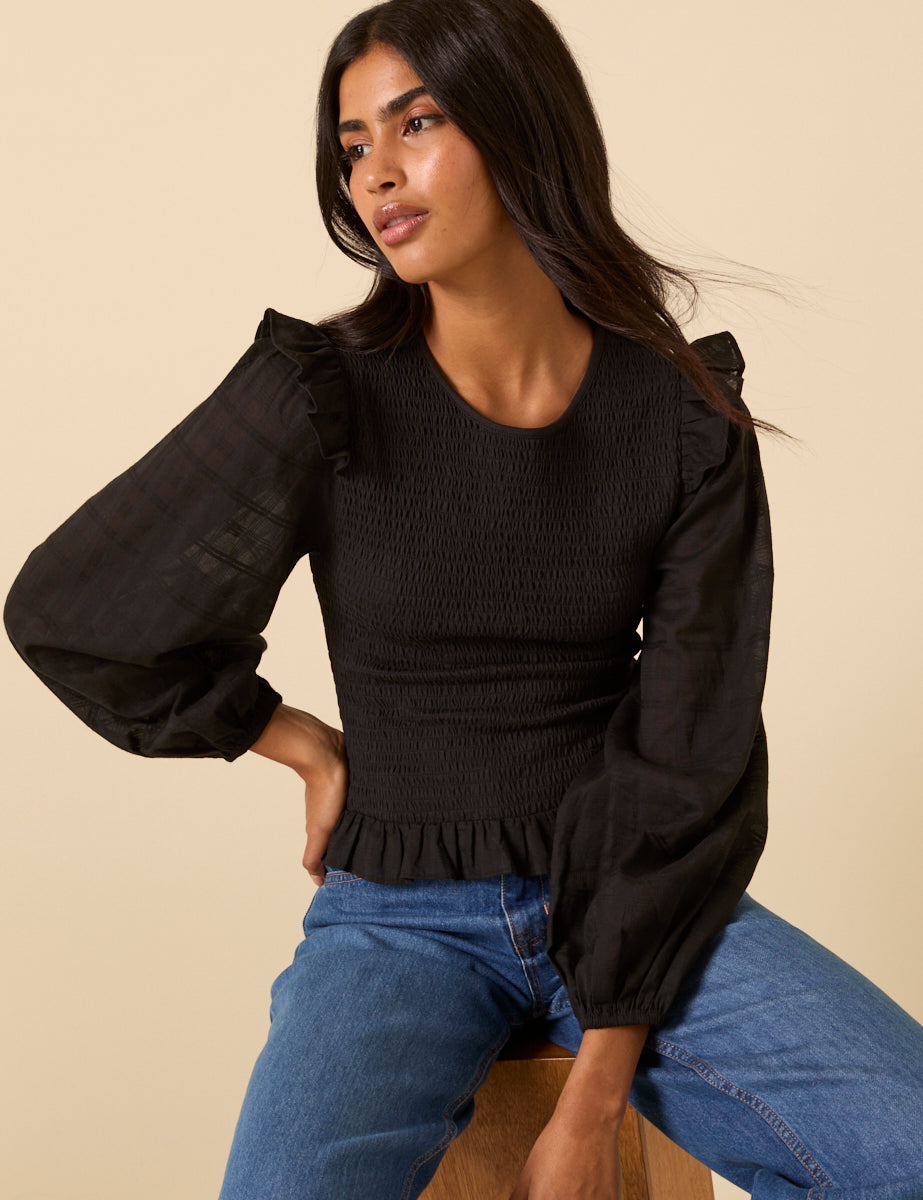 Black Balloon Sleeve Frill Top