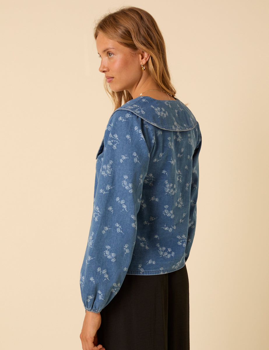 Denim Long Sleeve Floral Printed Blouse