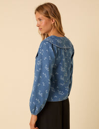 Denim Long Sleeve Floral Printed Blouse