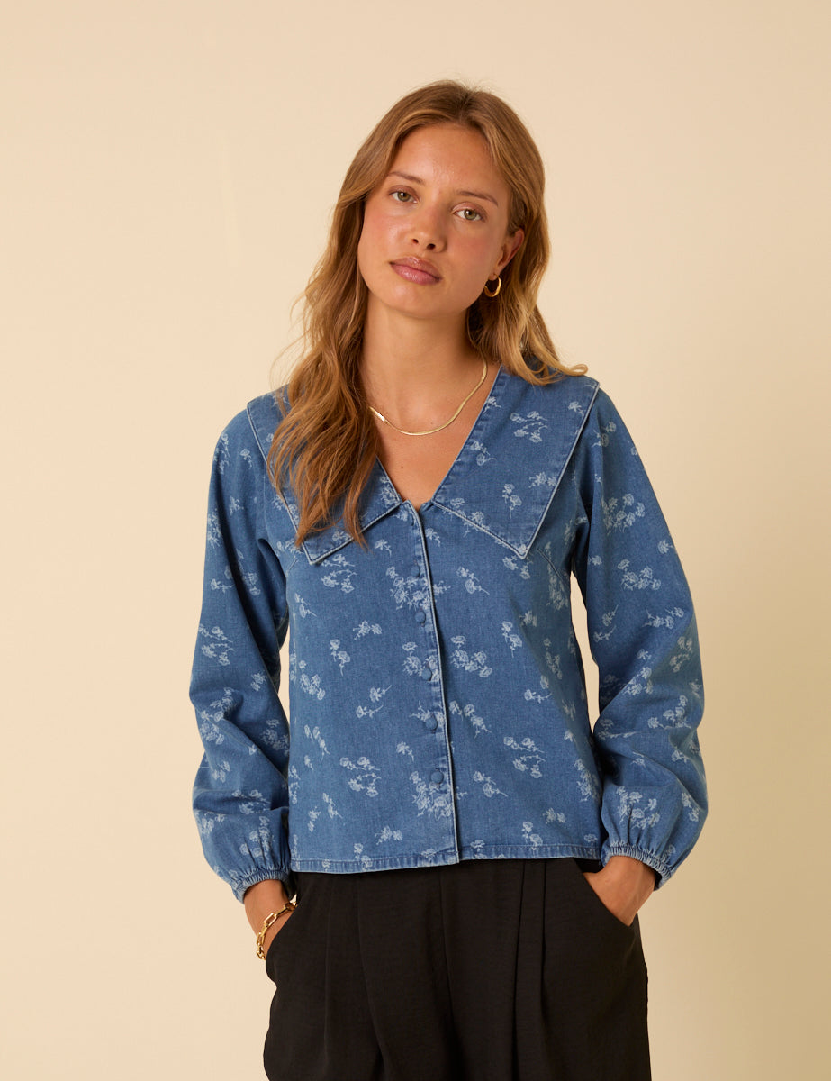 Denim Long Sleeve Floral Printed Blouse