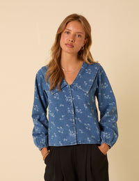 Denim Long Sleeve Floral Printed Blouse