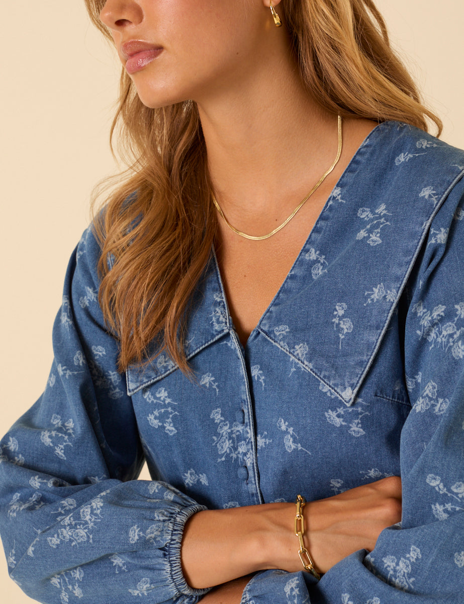 Denim Long Sleeve Floral Printed Blouse