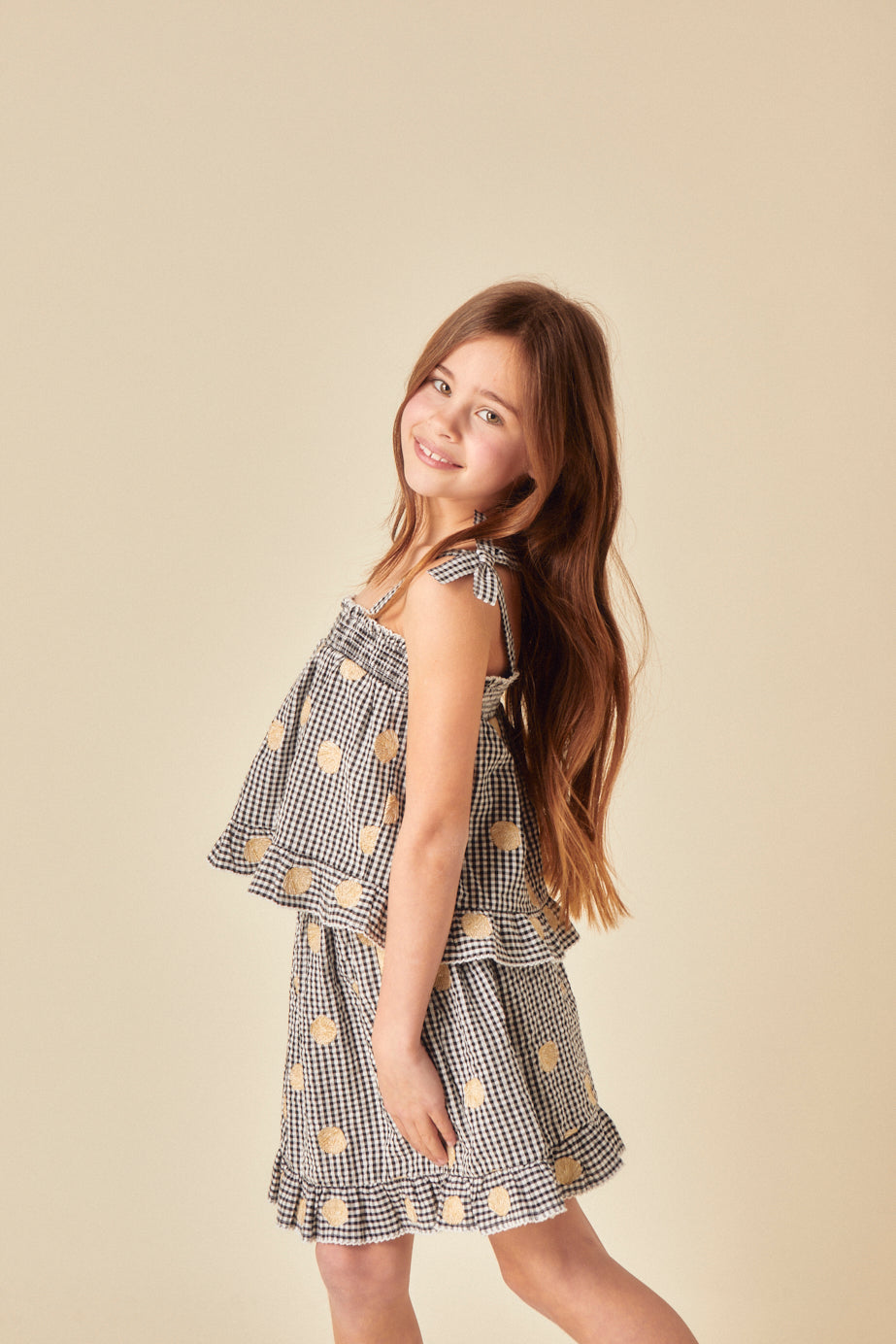 Girls Black Gingham Shell Embroidered Top