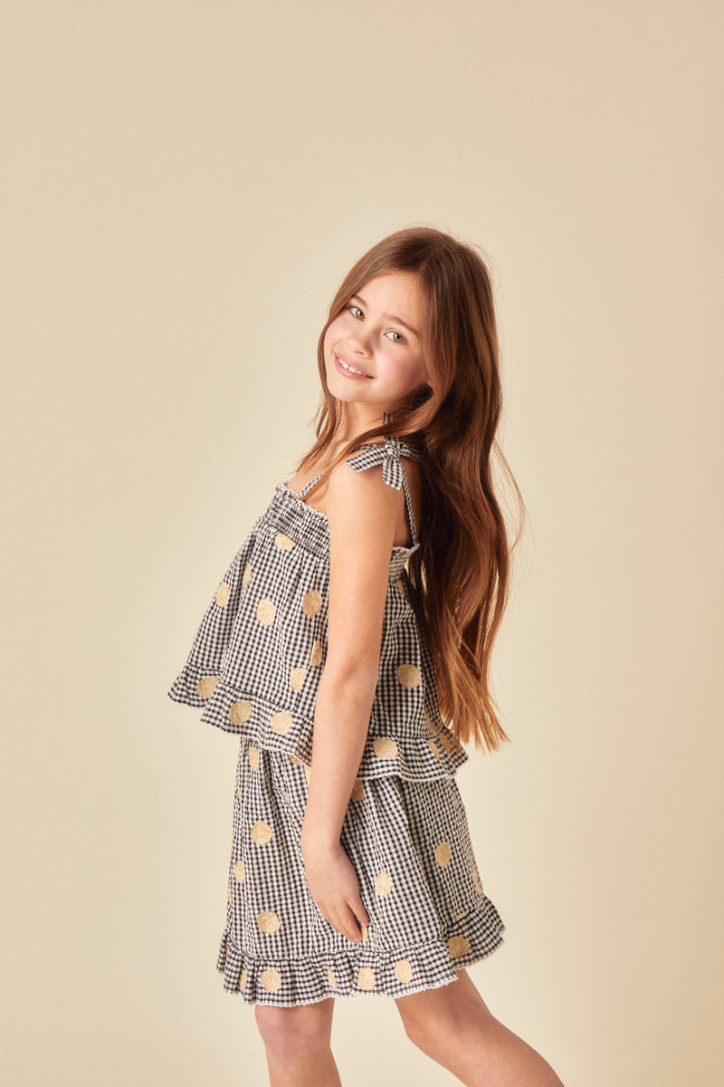 Girls Black Gingham Shell Embroidered Top