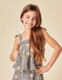 Elizabeth Scarlett Girls Black Gingham Shell Embroidered Top