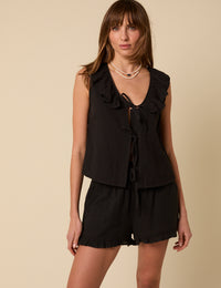 Black Tie Front Ruffle Top