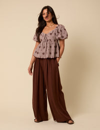 Brown Gingham Embroidered Top